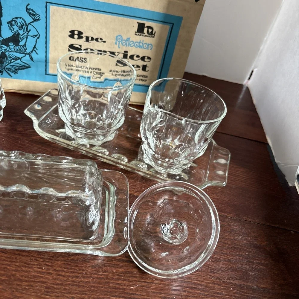 Vintage Hazelware 8 pc. Crystal Table Set In Box S&P, Cream, Sugar, Butter, Tray